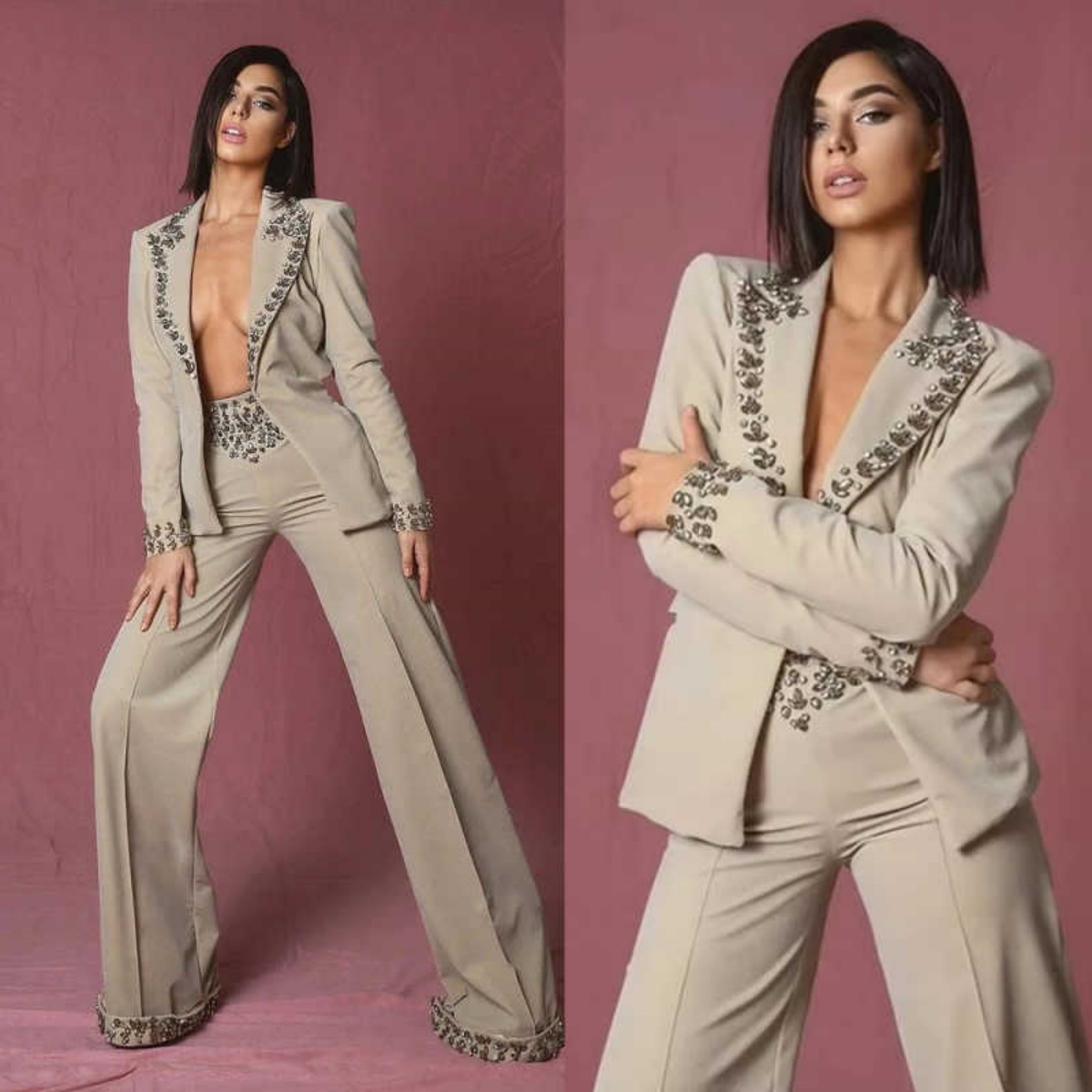 Women Formal Wear With Blazer - Amazing Rhinestones Women Suit 2 Pieces