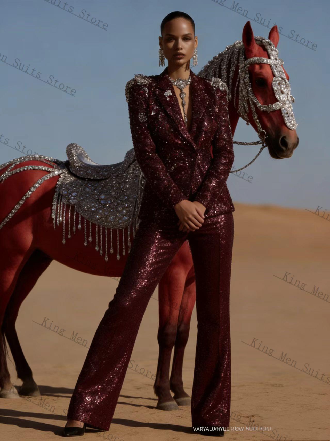 Women Luxury Formal Wear - Burgundy Shiny Women Suit Set 2